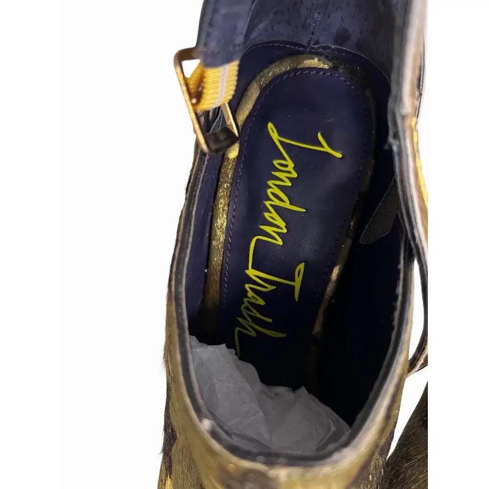 London Trash Lt.-Wynne Camo Real Fur Platform Heels Gold Ankle Strap Size 9